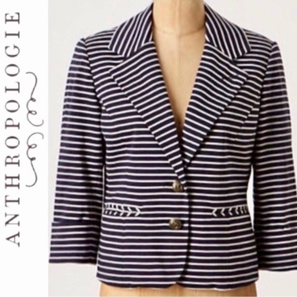 Anthropologie Cartonnier Blazer Navy White Stripe Nautical Two Button Front Sz M - Picture 14 of 14